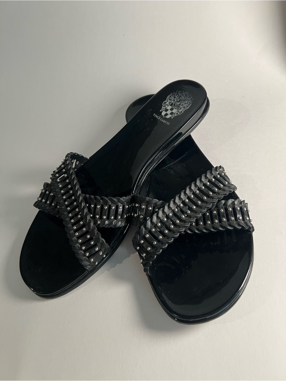 Vince Camuto Cross Band Jelly Slide Sandals Erindra Black/Silver Studs SZ 11